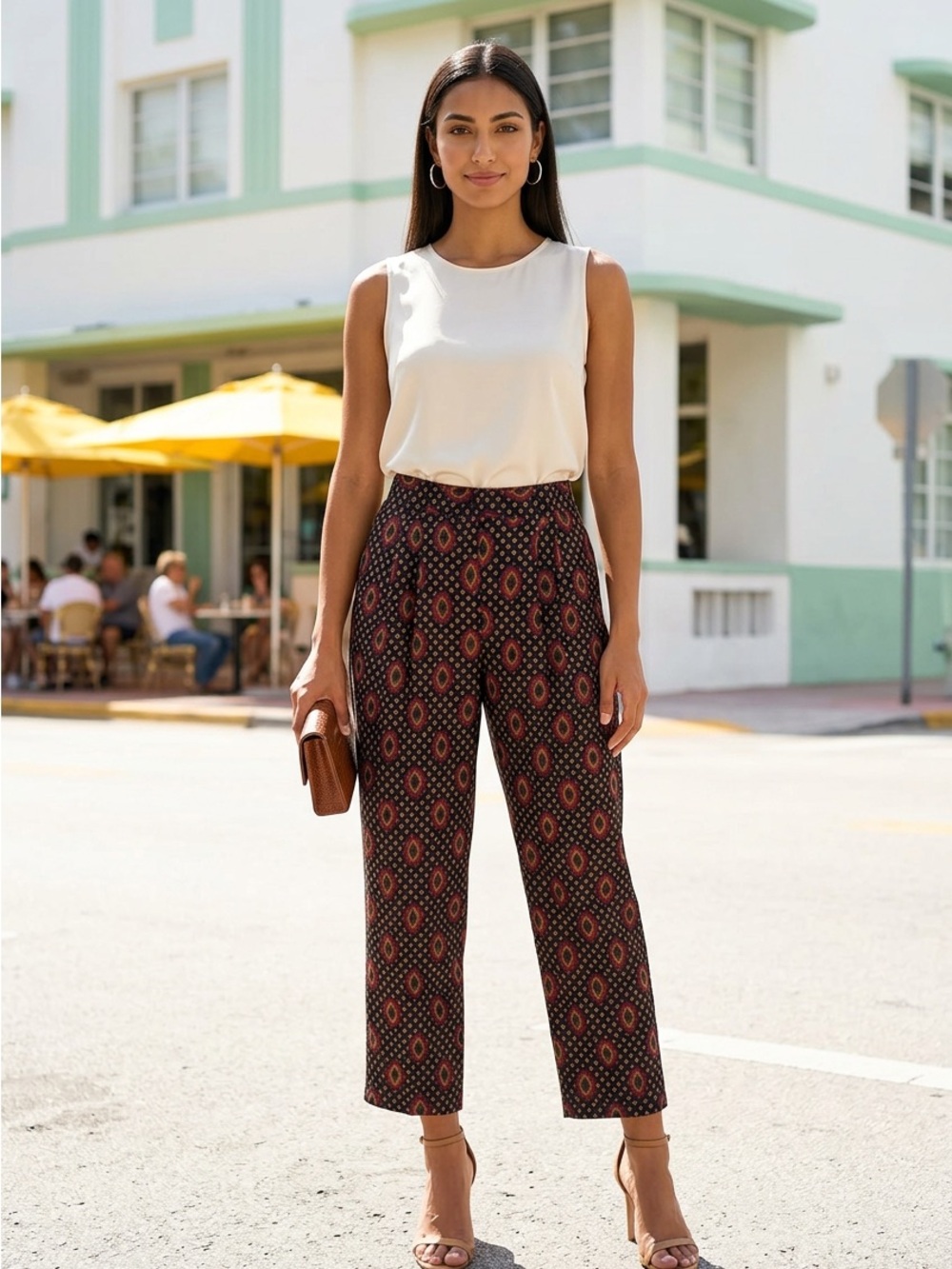 Talbots 100% Rayon Printed High-Waist Trousers with Burgundy & Mustard Accents